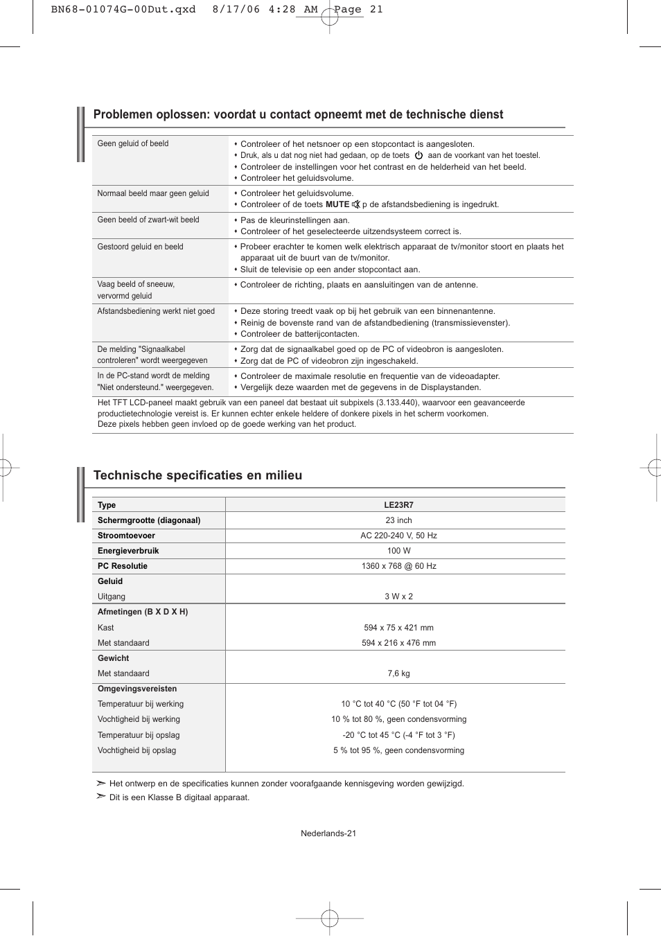 Technische specificaties en milieu | Samsung LE23R71B User Manual | Page 86 / 152