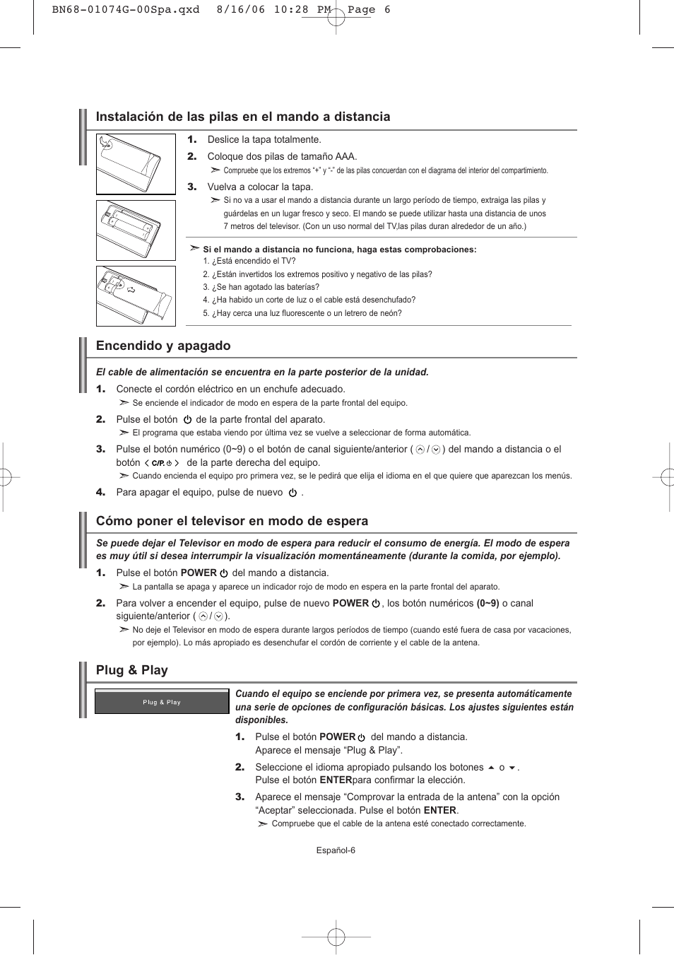 Plug & play, Instalación de las pilas en el mando a distancia | Samsung LE23R71B User Manual | Page 92 / 152