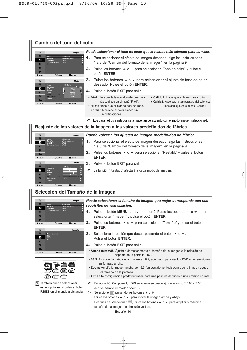 Selección del tamaño de la imagen, Cambio del tono del color | Samsung LE23R71B User Manual | Page 96 / 152