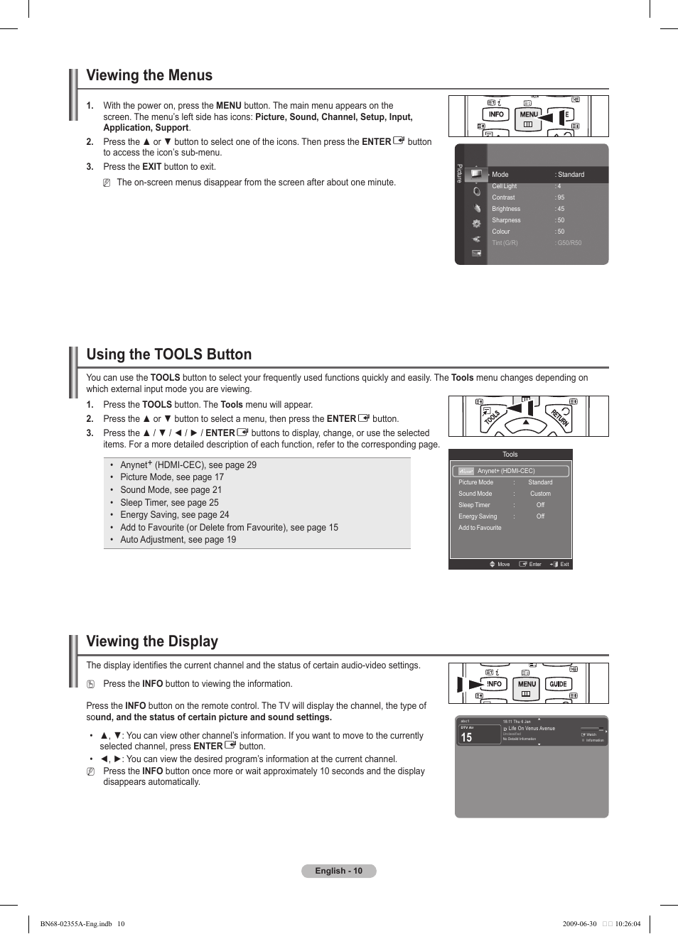 Viewing the menus, Using the tools button, Viewing the display | Samsung PS50B530S2W User Manual | Page 10 / 319