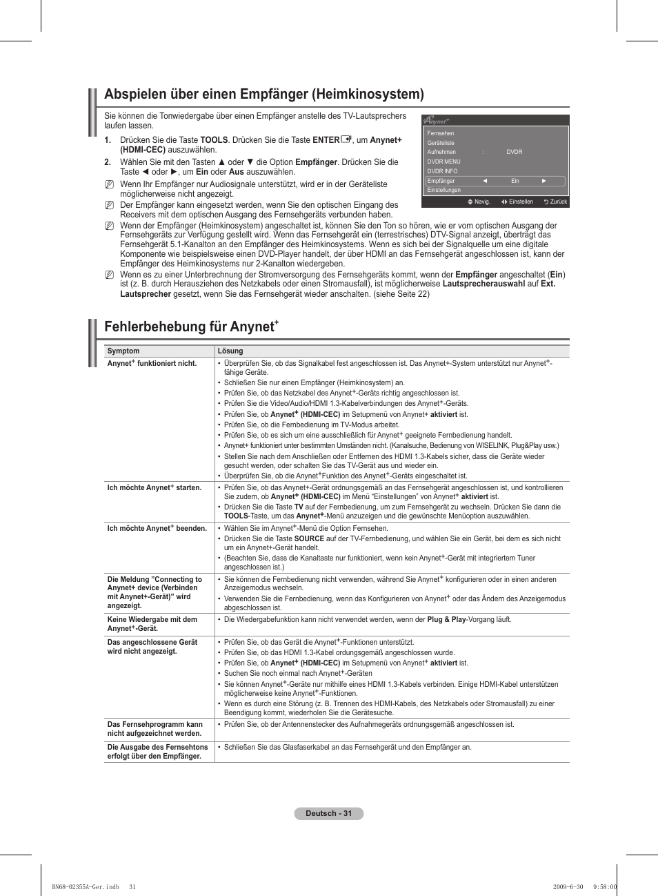 Abspielen über einen empfänger (heimkinosystem), Fehlerbehebung für anynet | Samsung PS50B530S2W User Manual | Page 101 / 319