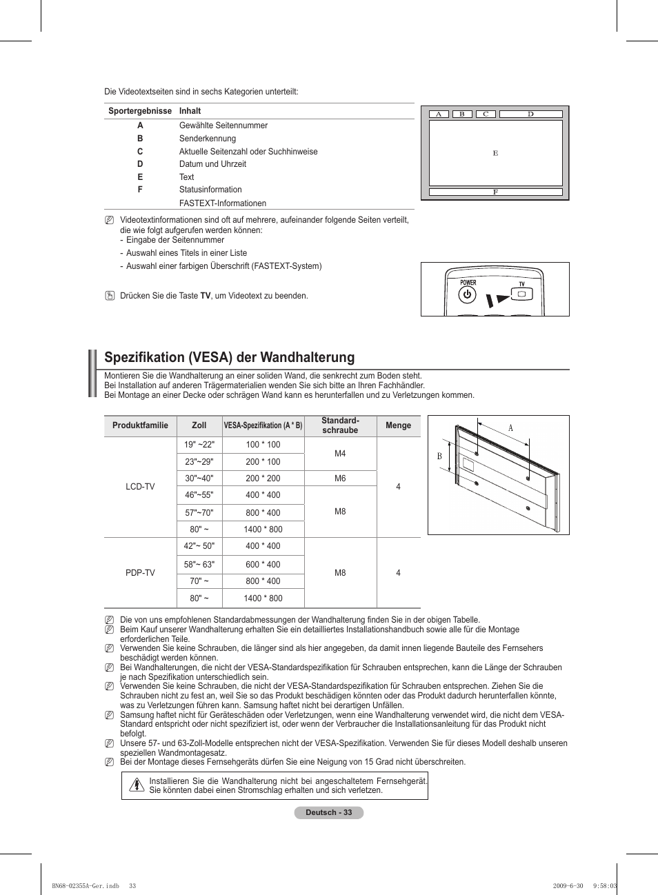 Spezifikation (vesa) der wandhalterung | Samsung PS50B530S2W User Manual | Page 103 / 319