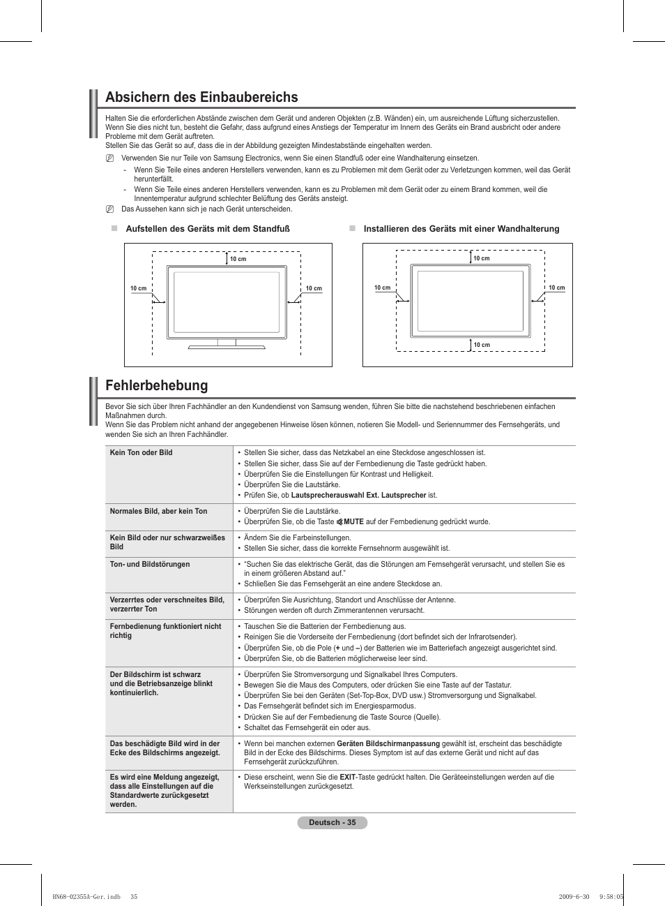 Fehlerbehebung, Absichern des einbaubereichs | Samsung PS50B530S2W User Manual | Page 105 / 319