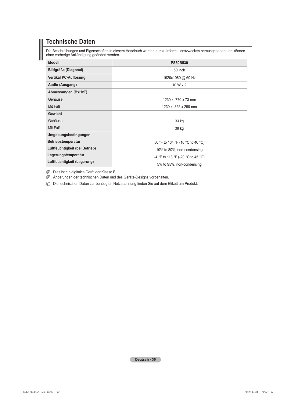 Technische daten | Samsung PS50B530S2W User Manual | Page 106 / 319