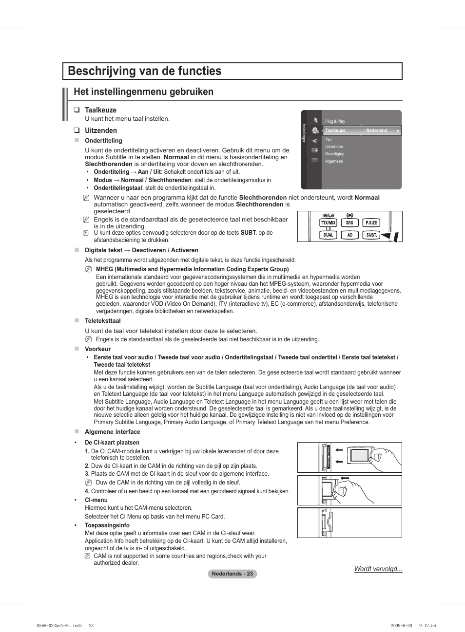 Beschrijving van de functies, Het instellingenmenu gebruiken | Samsung PS50B530S2W User Manual | Page 128 / 319