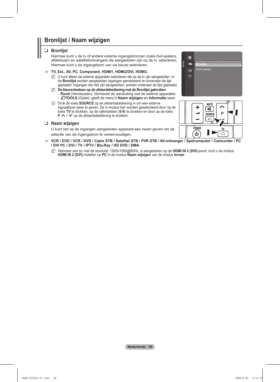 Bronlijst / naam wijzigen | Samsung PS50B530S2W User Manual | Page 131 / 319