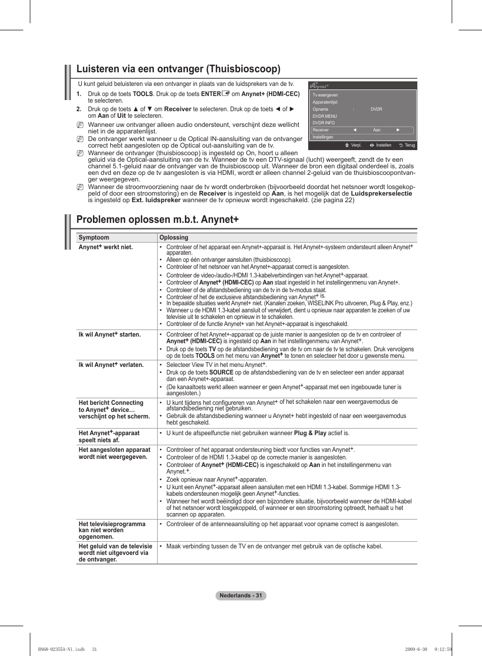 Luisteren via een ontvanger (thuisbioscoop), Problemen oplossen m.b.t. anynet | Samsung PS50B530S2W User Manual | Page 136 / 319