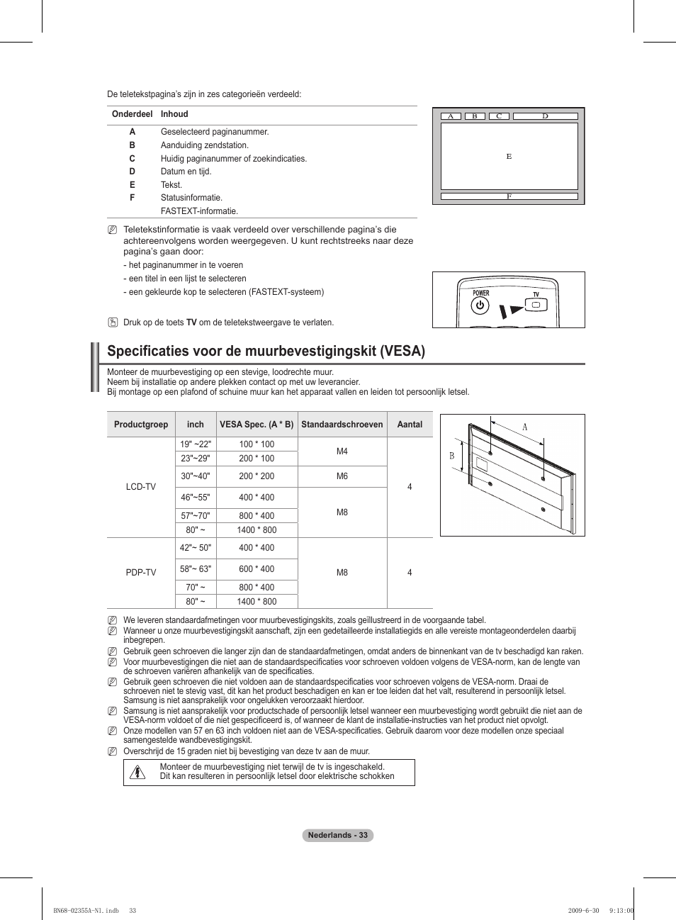 Specificaties voor de muurbevestigingskit (vesa) | Samsung PS50B530S2W User Manual | Page 138 / 319