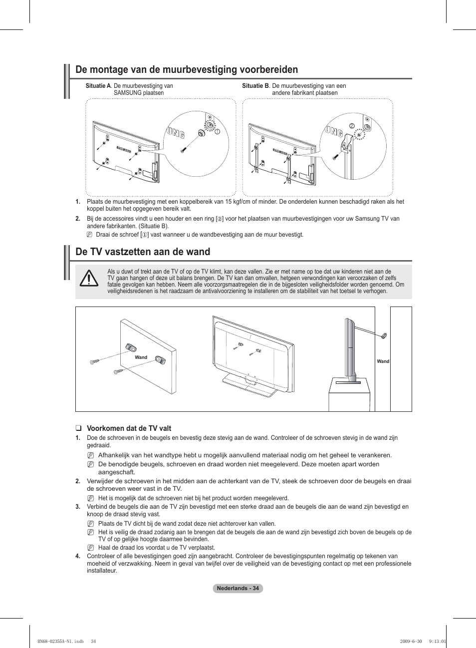 경고 주의 경고 주의, De tv vastzetten aan de wand, De montage van de muurbevestiging voorbereiden | Samsung PS50B530S2W User Manual | Page 139 / 319