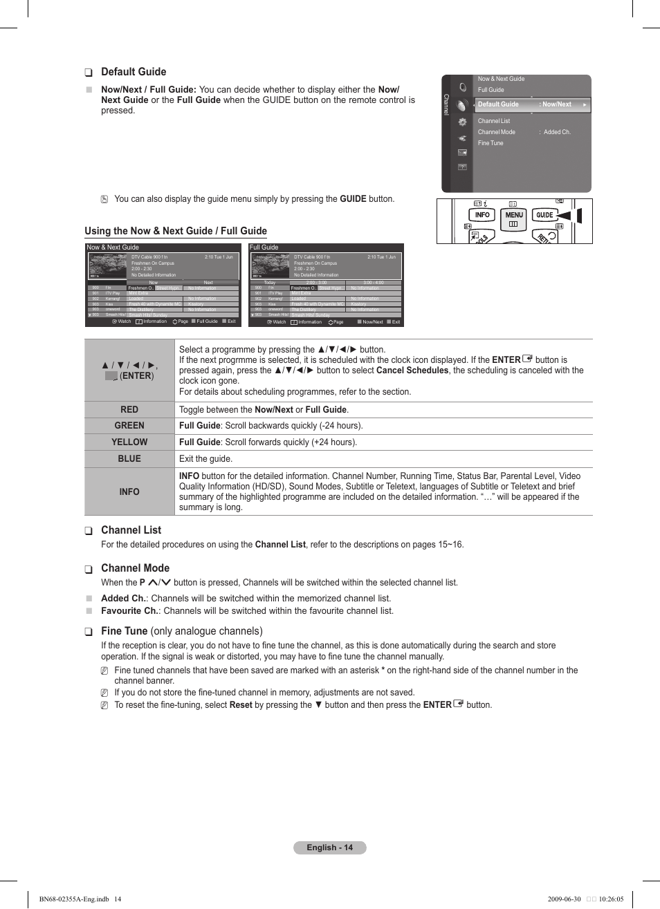 Default guide, Channel list, Channel mode | Fine tune, Only analogue channels), Using the now & next guide / full guide | Samsung PS50B530S2W User Manual | Page 14 / 319