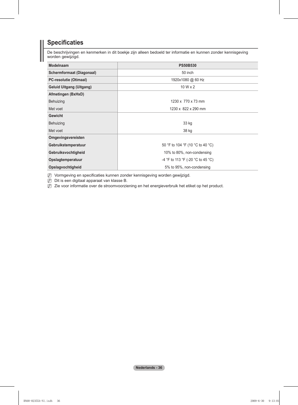 Specificaties | Samsung PS50B530S2W User Manual | Page 141 / 319