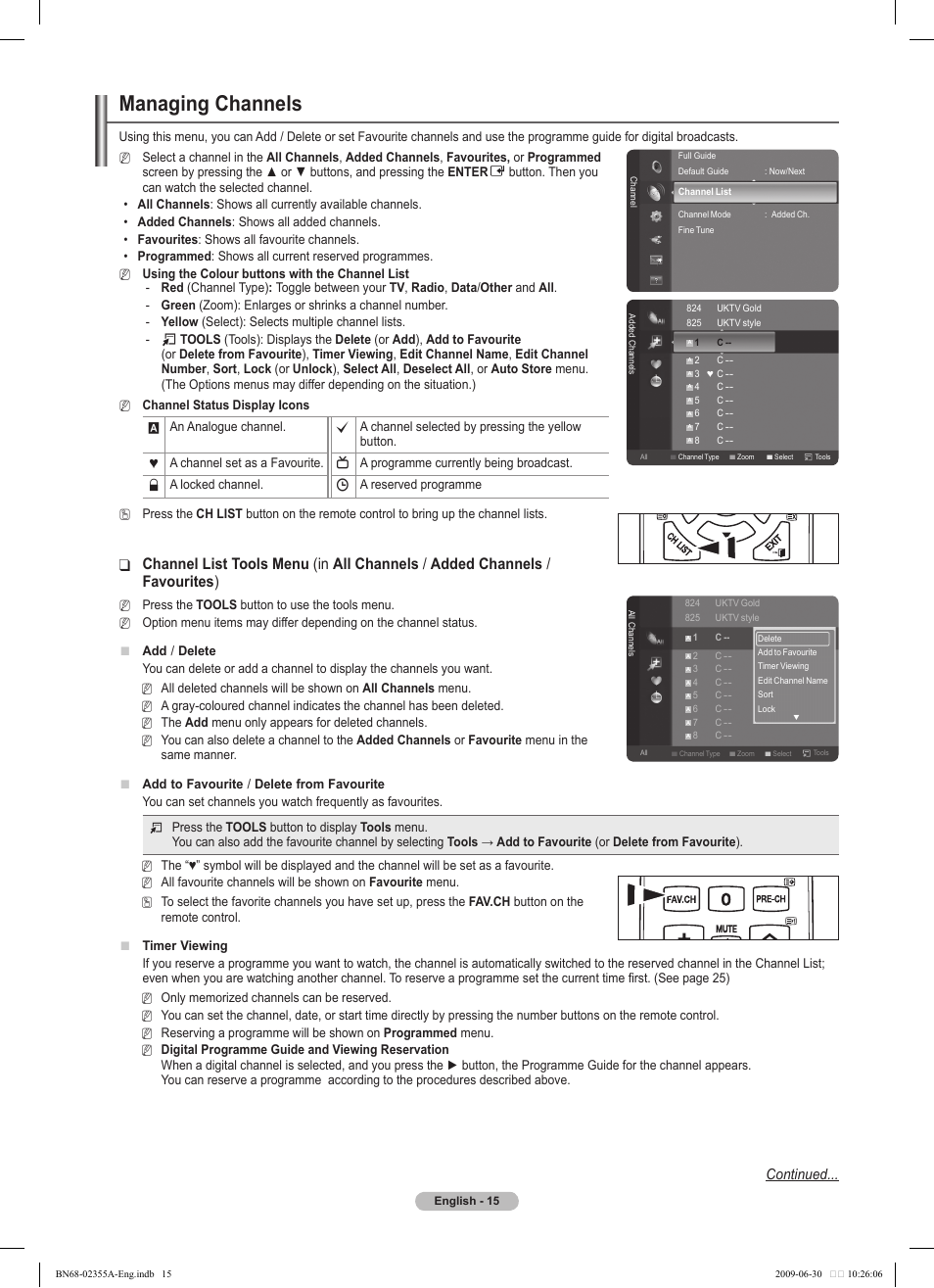 Managing channels, Channel list tools menu, Continued | Samsung PS50B530S2W User Manual | Page 15 / 319