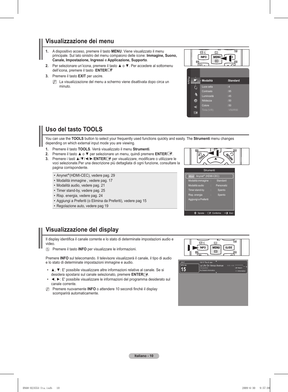 Visualizzazione del display, Visualizzazione dei menu, Uso del tasto tools | Samsung PS50B530S2W User Manual | Page 150 / 319