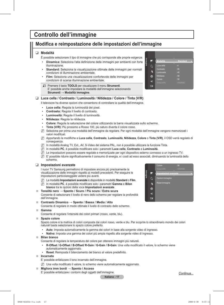 Controllo dell’immagine, Modalità, Impostazioni avanzate | Samsung PS50B530S2W User Manual | Page 157 / 319