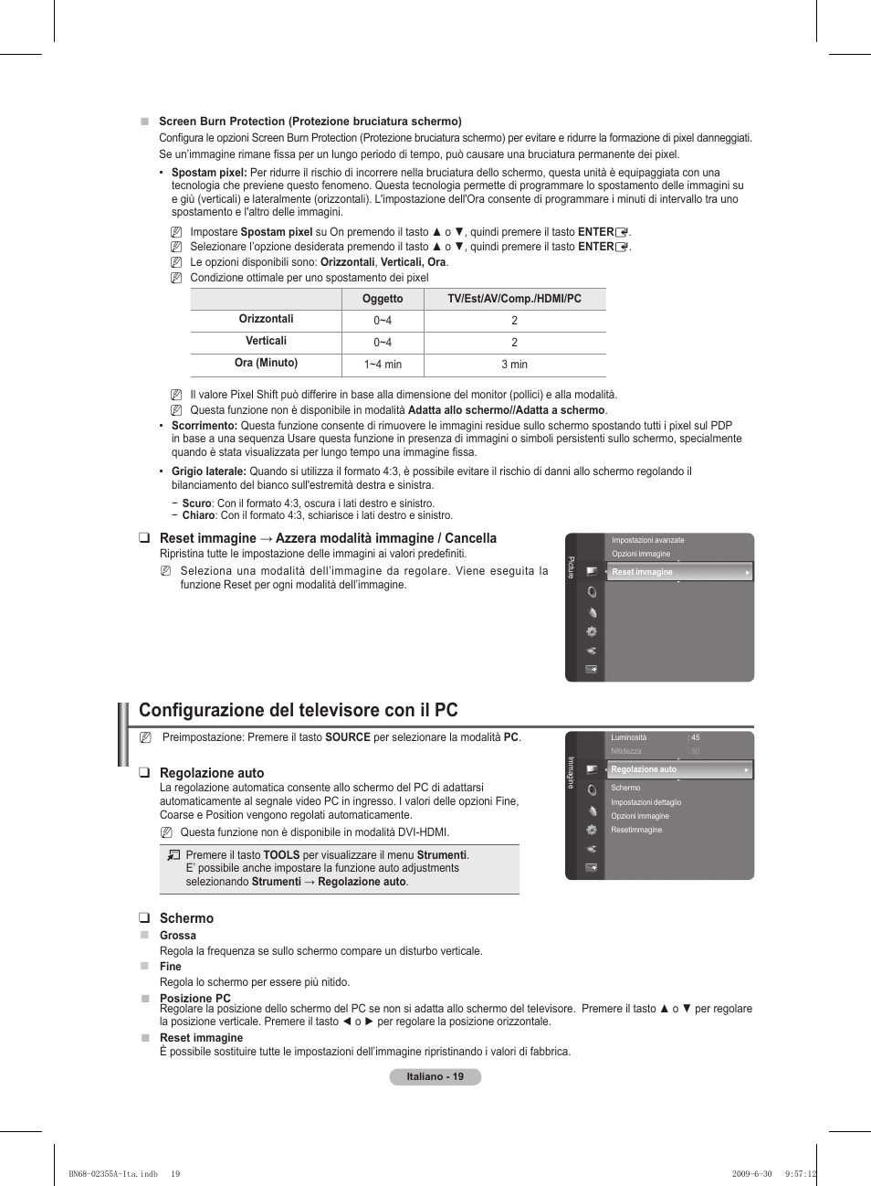 Configurazione del televisore con il pc, Regolazione auto, Schermo | Samsung PS50B530S2W User Manual | Page 159 / 319