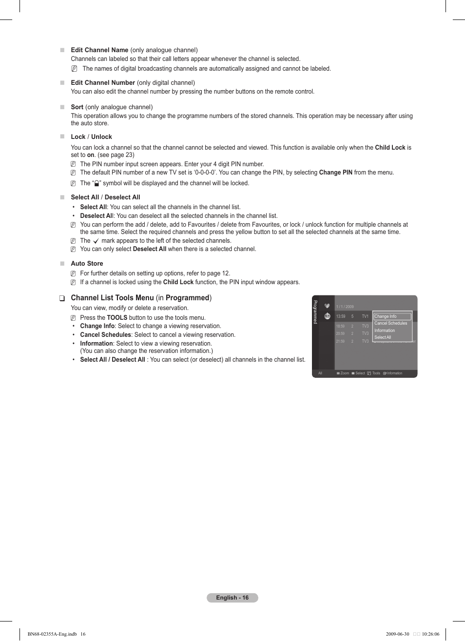 Channel list tools menu | Samsung PS50B530S2W User Manual | Page 16 / 319