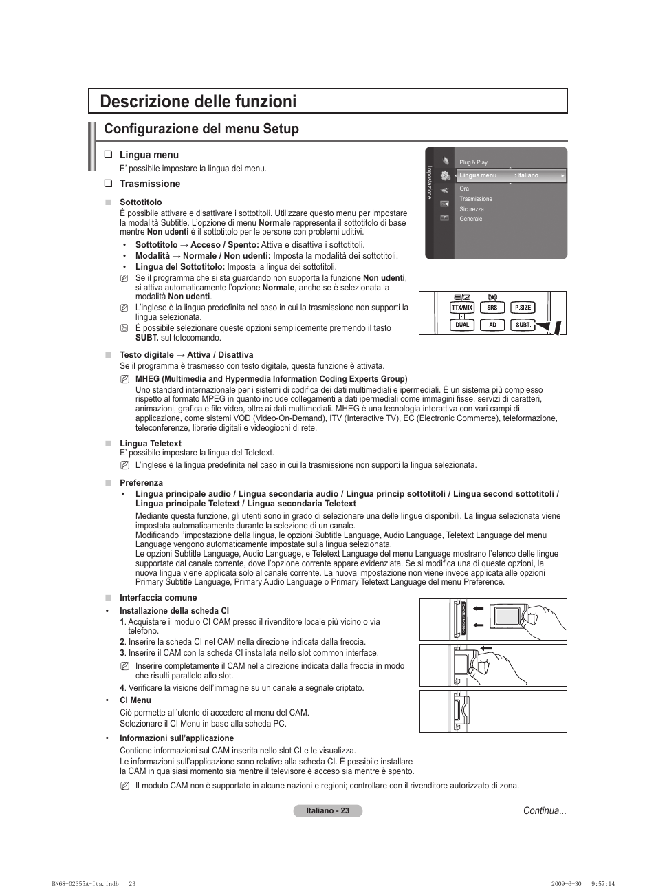 Descrizione delle funzioni, Configurazione del menu setup | Samsung PS50B530S2W User Manual | Page 163 / 319