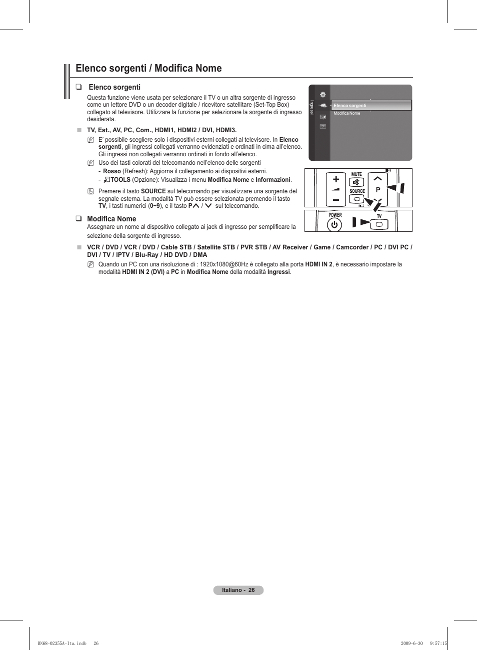 Elenco sorgenti / modifica nome | Samsung PS50B530S2W User Manual | Page 166 / 319