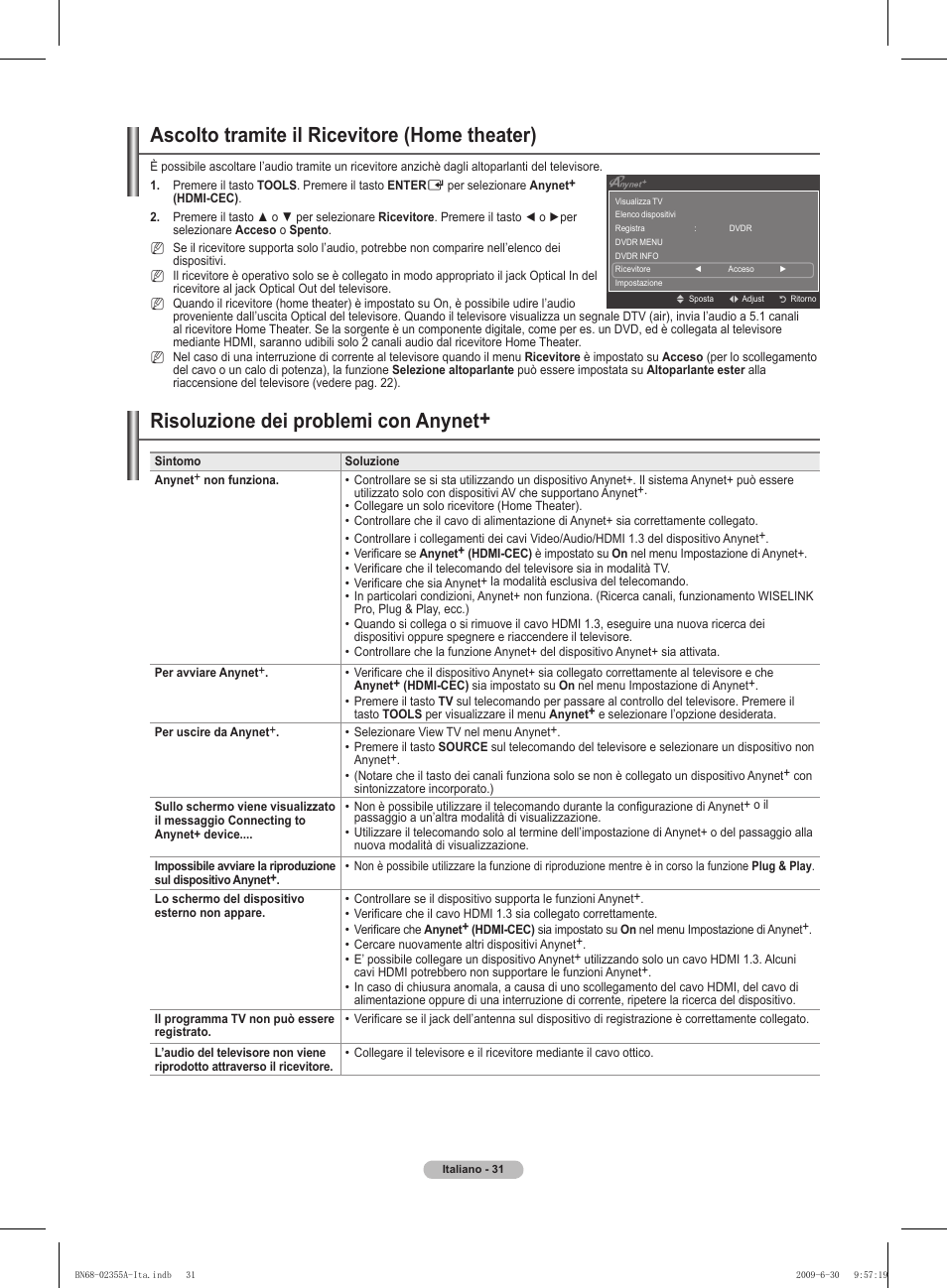 Ascolto tramite il ricevitore (home theater), Risoluzione dei problemi con anynet | Samsung PS50B530S2W User Manual | Page 171 / 319