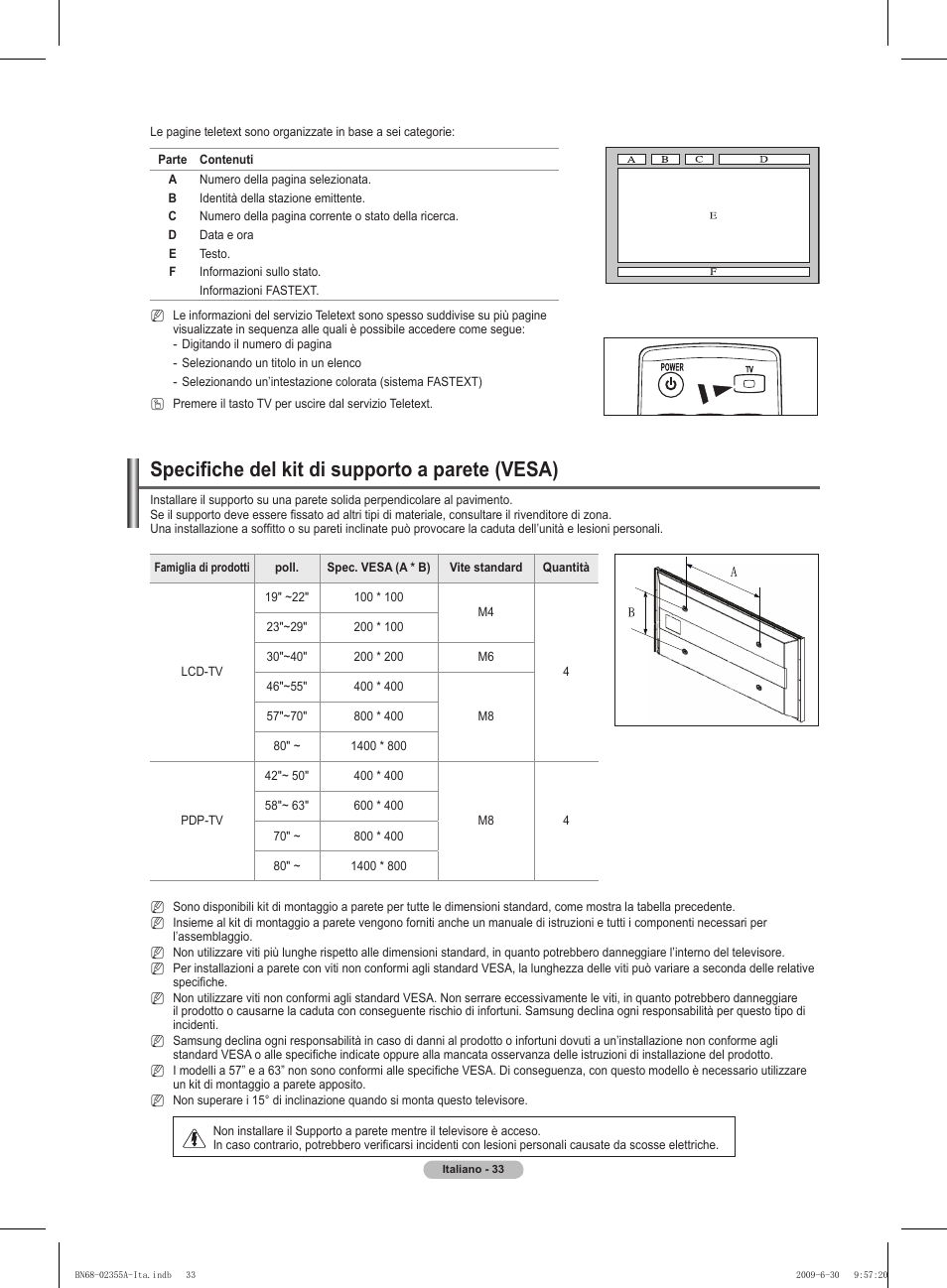 Specifiche del kit di supporto a parete (vesa) | Samsung PS50B530S2W User Manual | Page 173 / 319