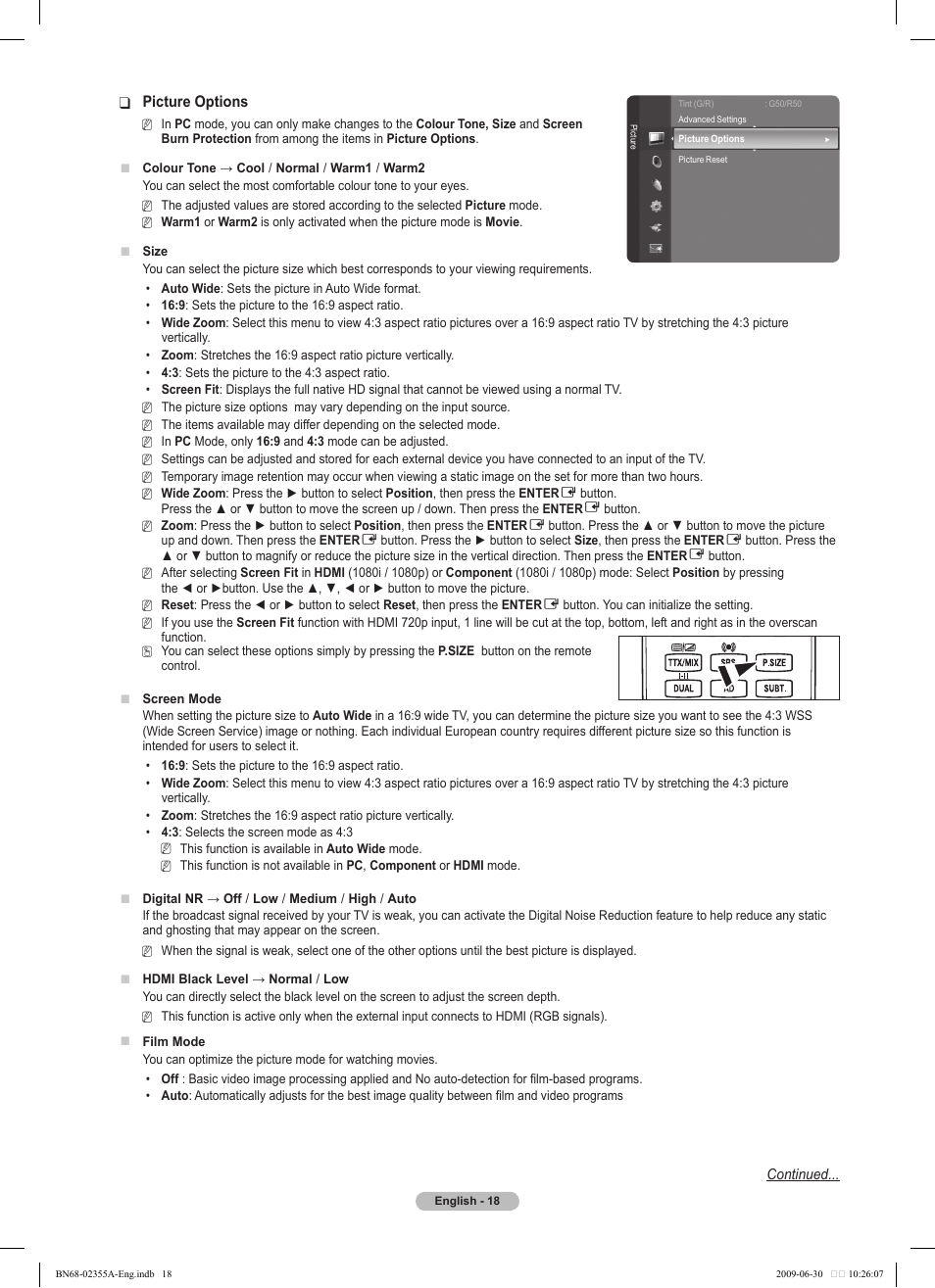 Picture options | Samsung PS50B530S2W User Manual | Page 18 / 319