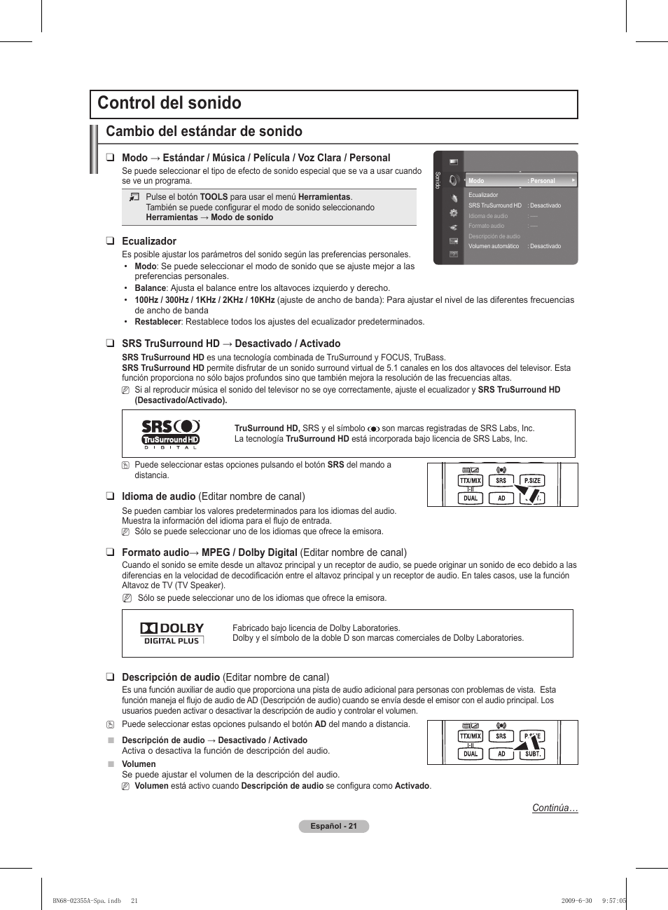 Control del sonido, Cambio del estándar de sonido | Samsung PS50B530S2W User Manual | Page 197 / 319