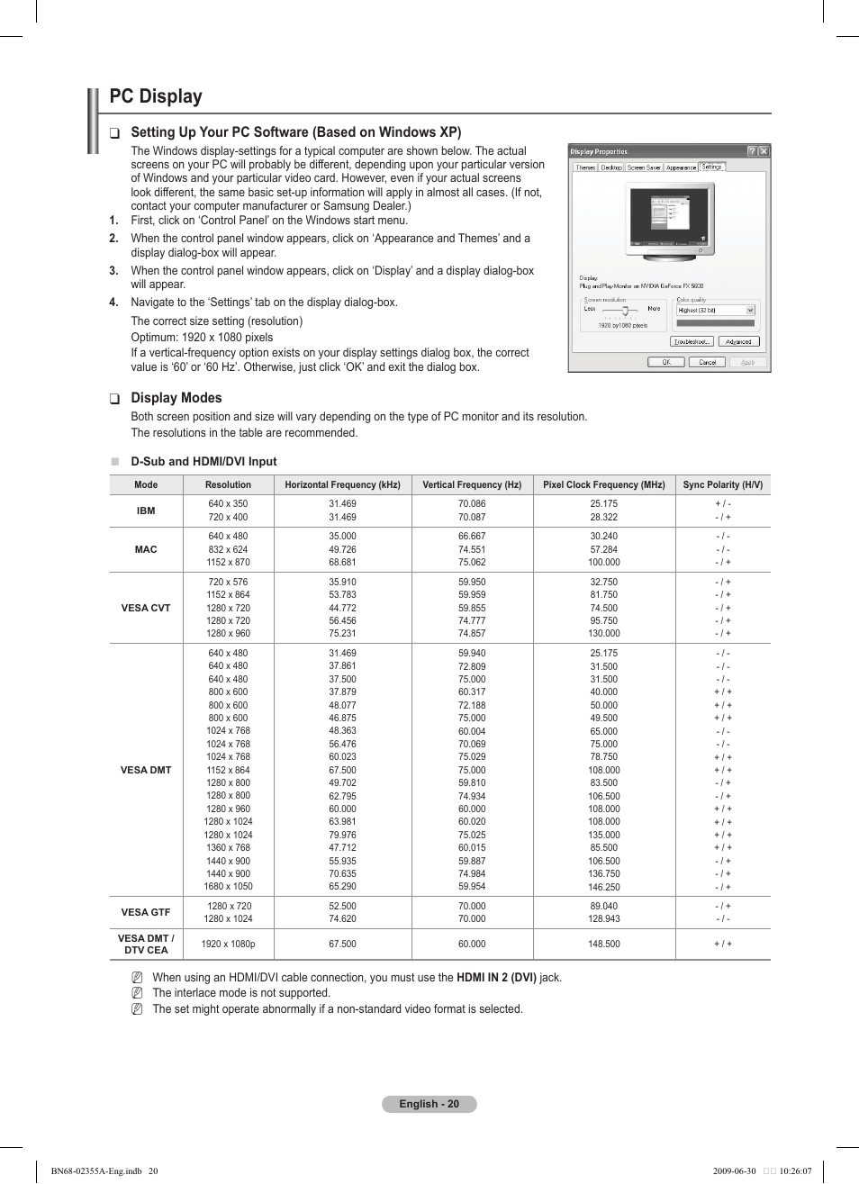 Pc display, Setting up your pc software (based on windows xp), Display modes | Samsung PS50B530S2W User Manual | Page 20 / 319