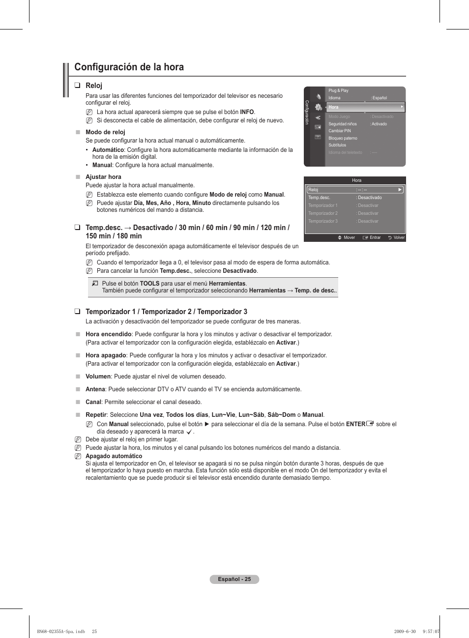 Configuración de la hora, Reloj, Temporizador 1 / temporizador  / temporizador 3 | Samsung PS50B530S2W User Manual | Page 201 / 319