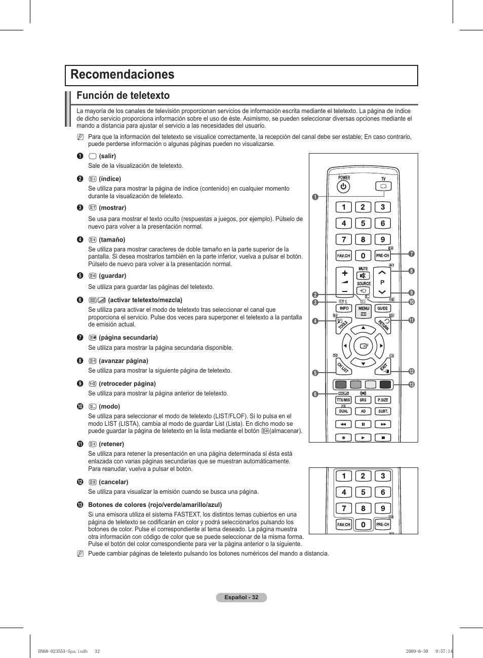 Recomendaciones, Función de teletexto | Samsung PS50B530S2W User Manual | Page 208 / 319