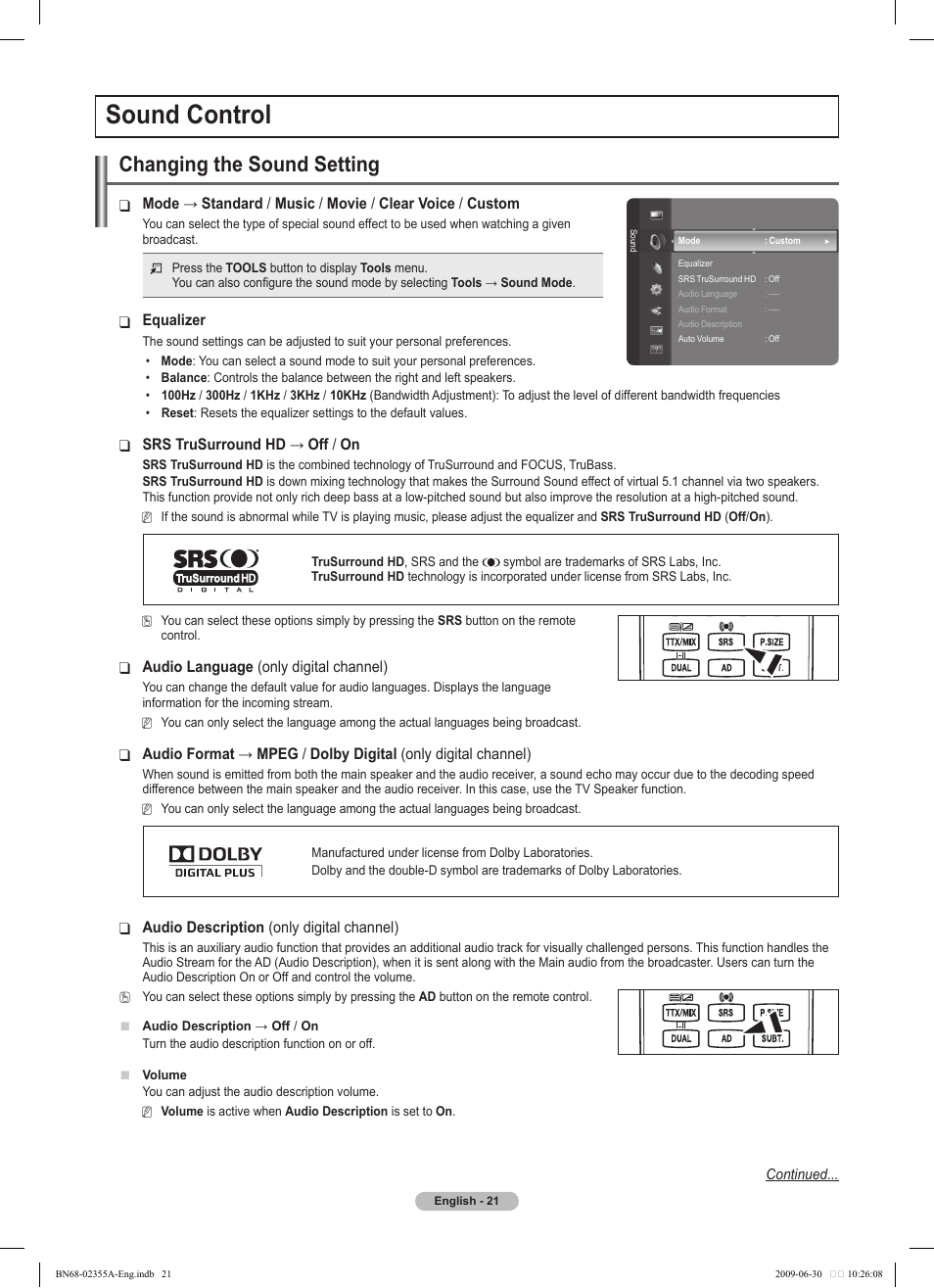 Sound control, Changing the sound setting | Samsung PS50B530S2W User Manual | Page 21 / 319