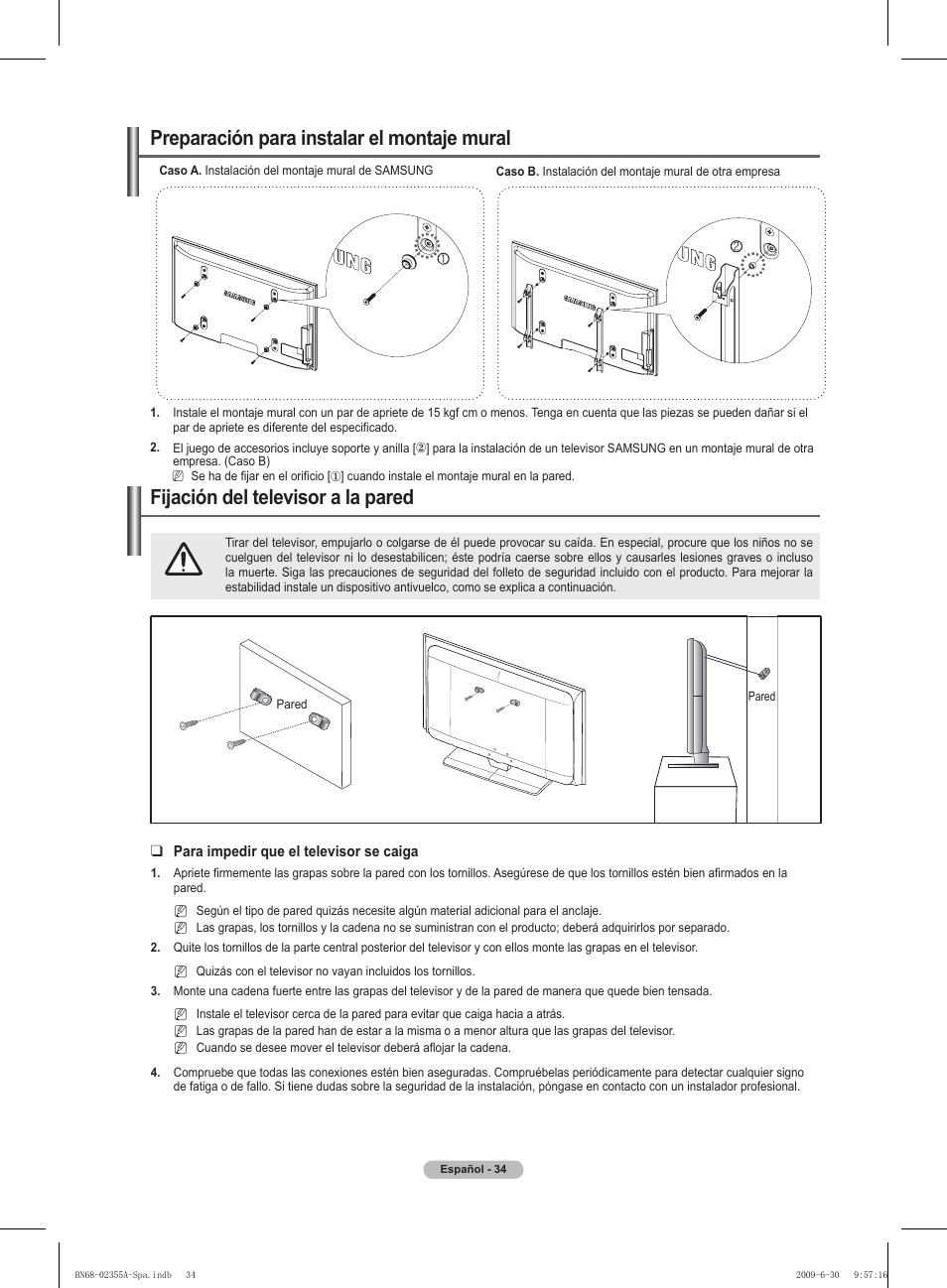 경고 주의 경고 주의, Preparación para instalar el montaje mural, Fijación del televisor a la pared | Samsung PS50B530S2W User Manual | Page 210 / 319