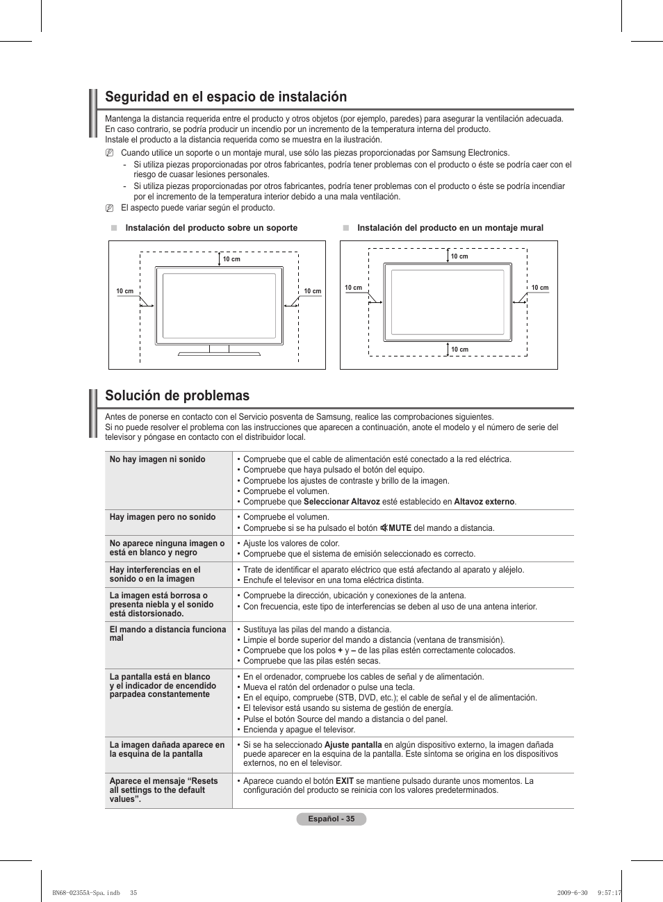 Solución de problemas, Seguridad en el espacio de instalación | Samsung PS50B530S2W User Manual | Page 211 / 319