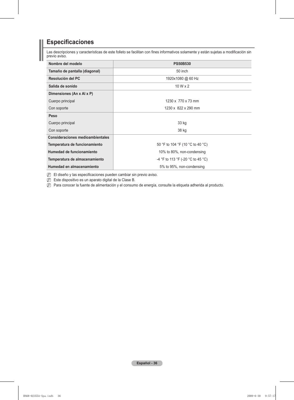 Especificaciones | Samsung PS50B530S2W User Manual | Page 212 / 319