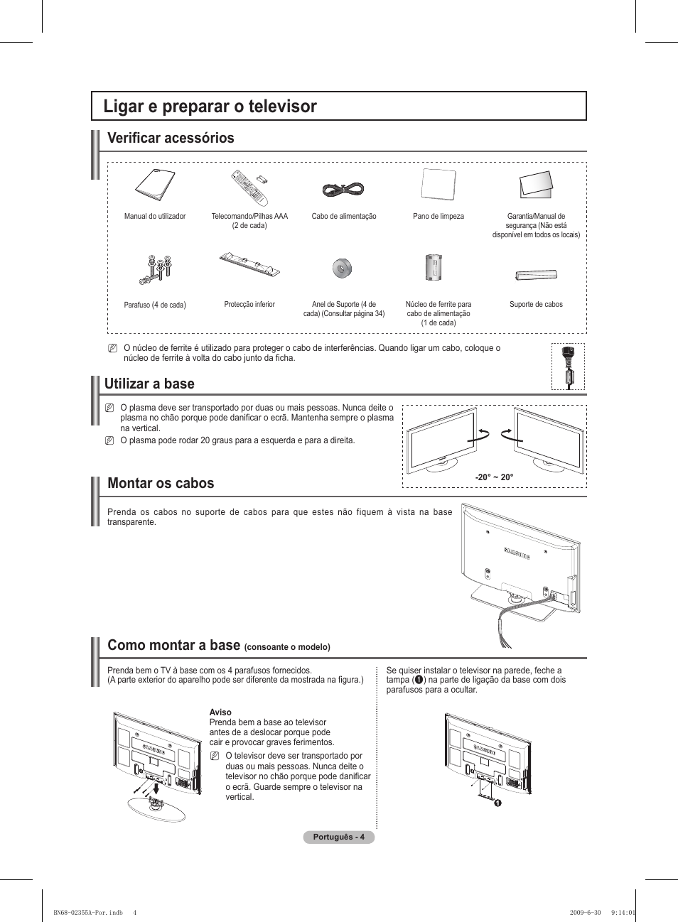 Ligar e preparar o televisor, Verificar acessórios, Utilizar a base | Como montar a base, Montar os cabos | Samsung PS50B530S2W User Manual | Page 215 / 319