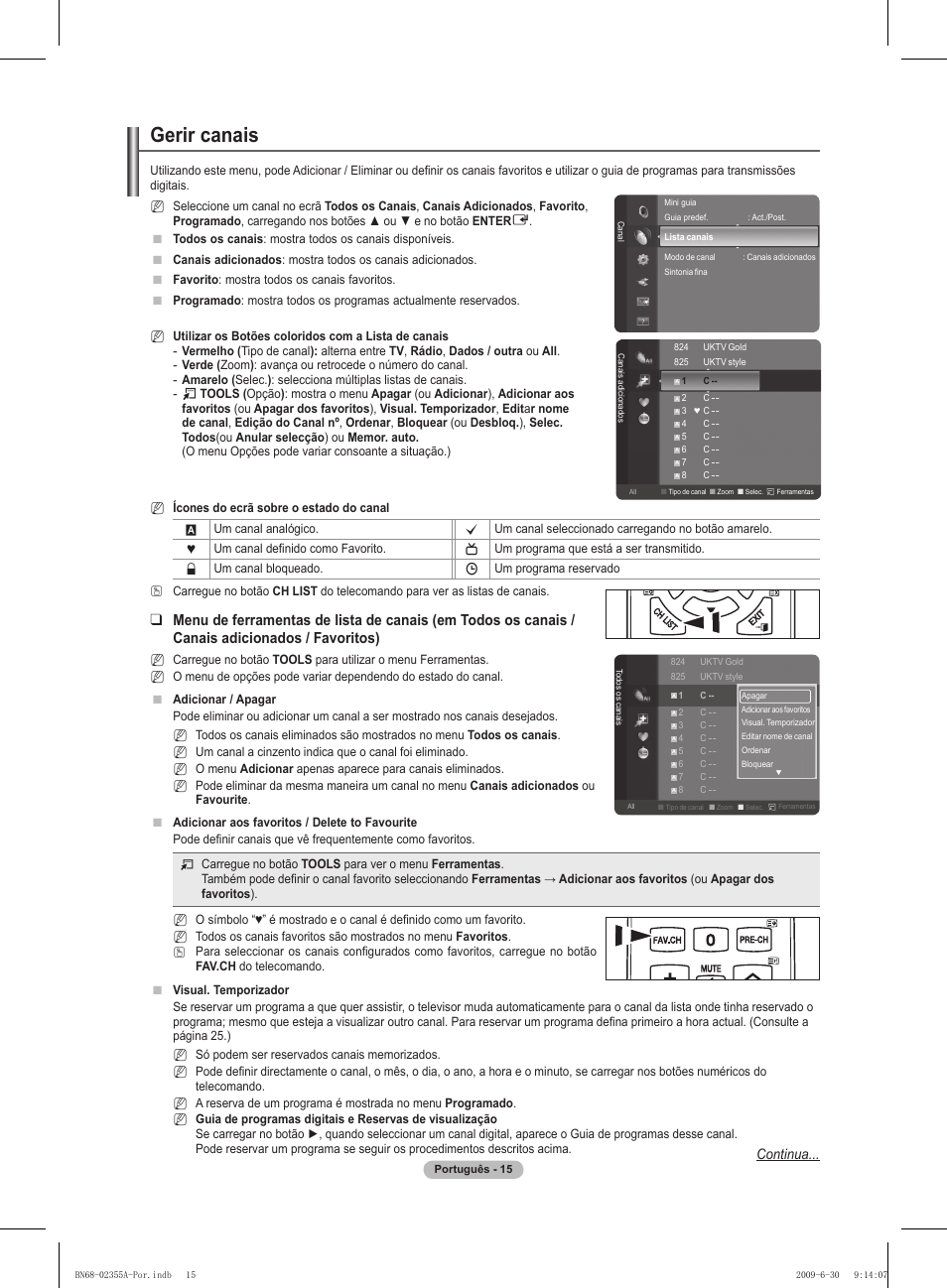 Gerir canais, Continua | Samsung PS50B530S2W User Manual | Page 226 / 319