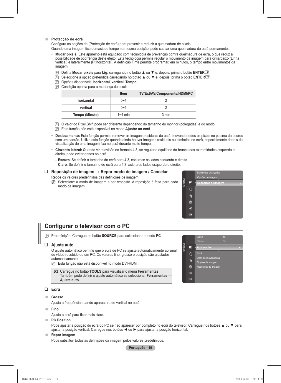 Configurar o televisor com o pc, Ajuste auto, Ecrã | Samsung PS50B530S2W User Manual | Page 230 / 319