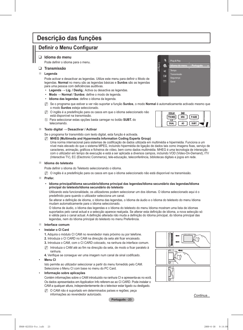 Descrição das funções, Definir o menu configurar | Samsung PS50B530S2W User Manual | Page 234 / 319