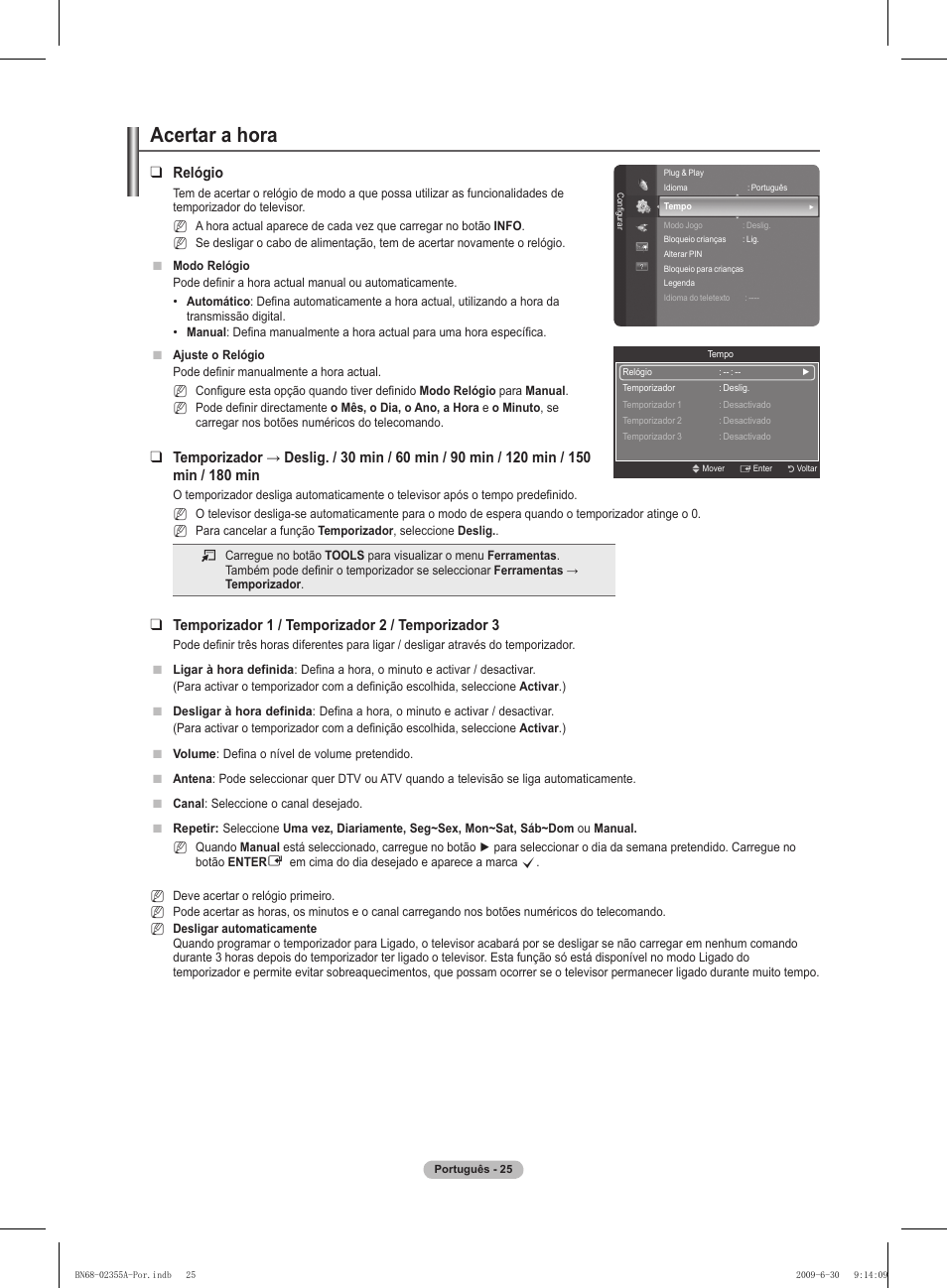 Acertar a hora, Relógio, Temporizador 1 / temporizador  / temporizador 3 | Samsung PS50B530S2W User Manual | Page 236 / 319