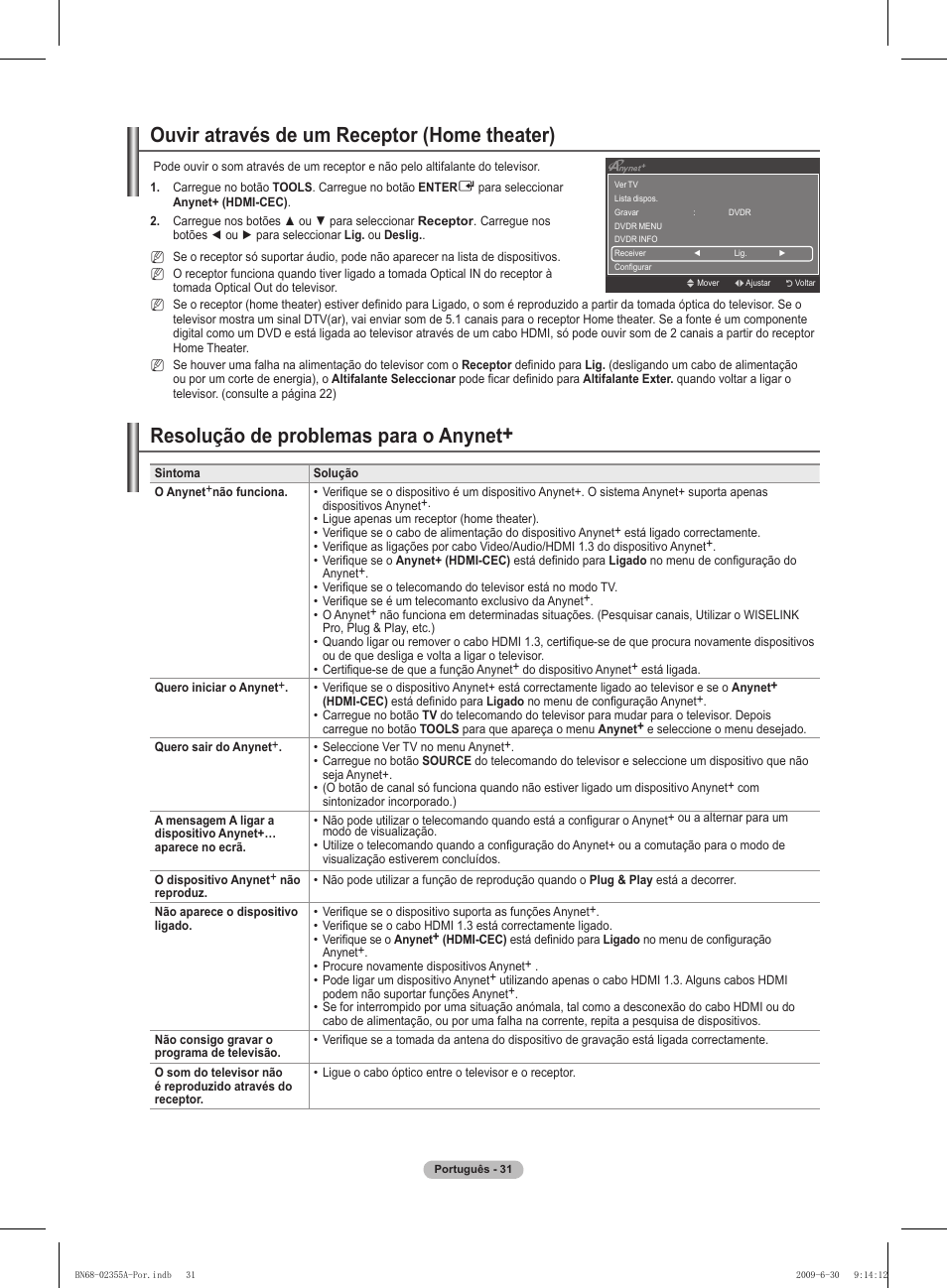 Ouvir através de um receptor (home theater), Resolução de problemas para o anynet | Samsung PS50B530S2W User Manual | Page 242 / 319