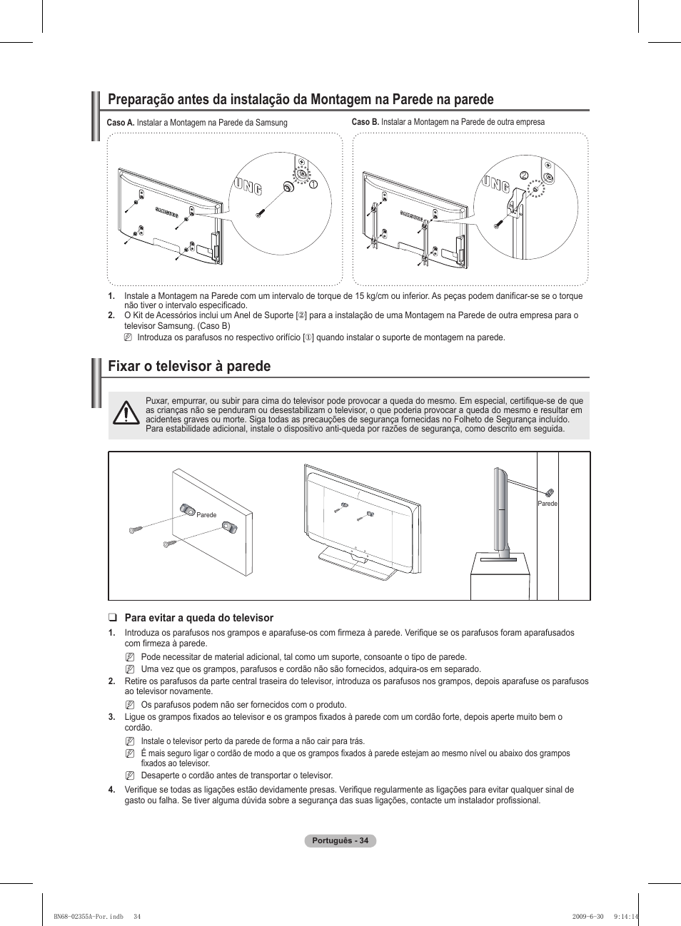 경고 주의 경고 주의, Fixar o televisor à parede | Samsung PS50B530S2W User Manual | Page 245 / 319