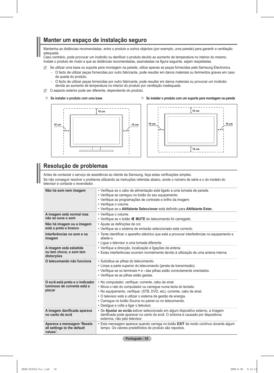 Resolução de problemas, Manter um espaço de instalação seguro | Samsung PS50B530S2W User Manual | Page 246 / 319