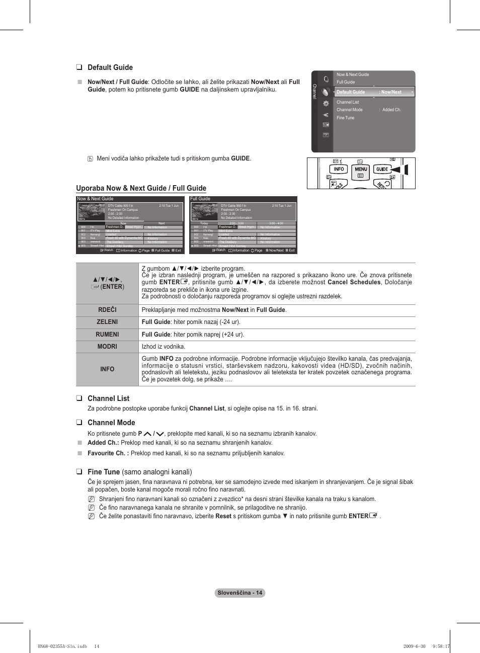 Default guide, Uporaba now & next guide / full guide, Channel list | Channel mode, Fine tune (samo analogni kanali) | Samsung PS50B530S2W User Manual | Page 260 / 319