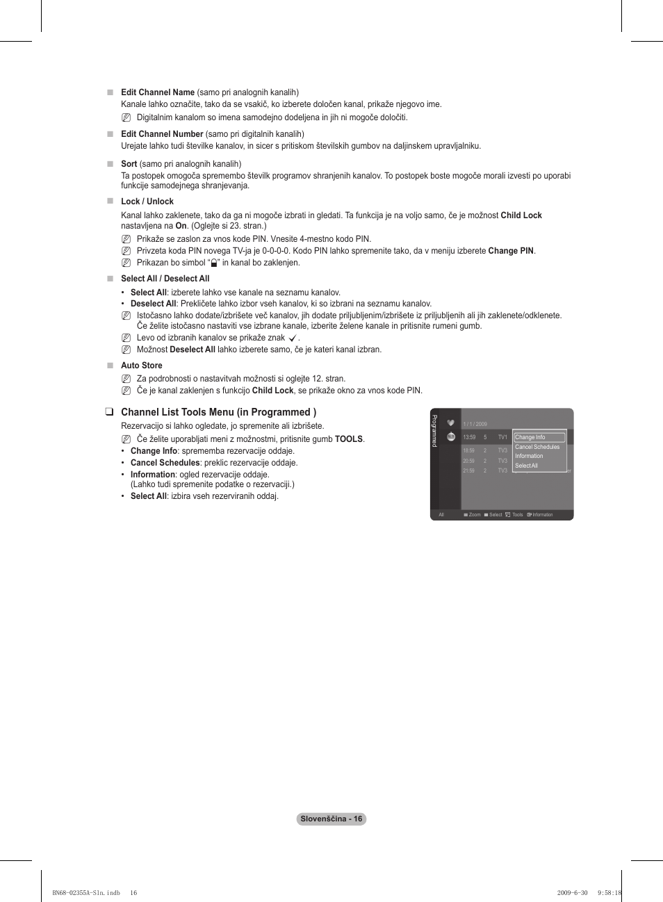 Channel list tools menu (in programmed ) | Samsung PS50B530S2W User Manual | Page 262 / 319