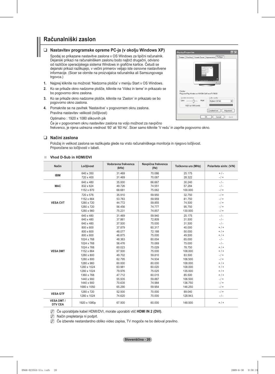 Računalniški zaslon, Načini zaslona | Samsung PS50B530S2W User Manual | Page 266 / 319