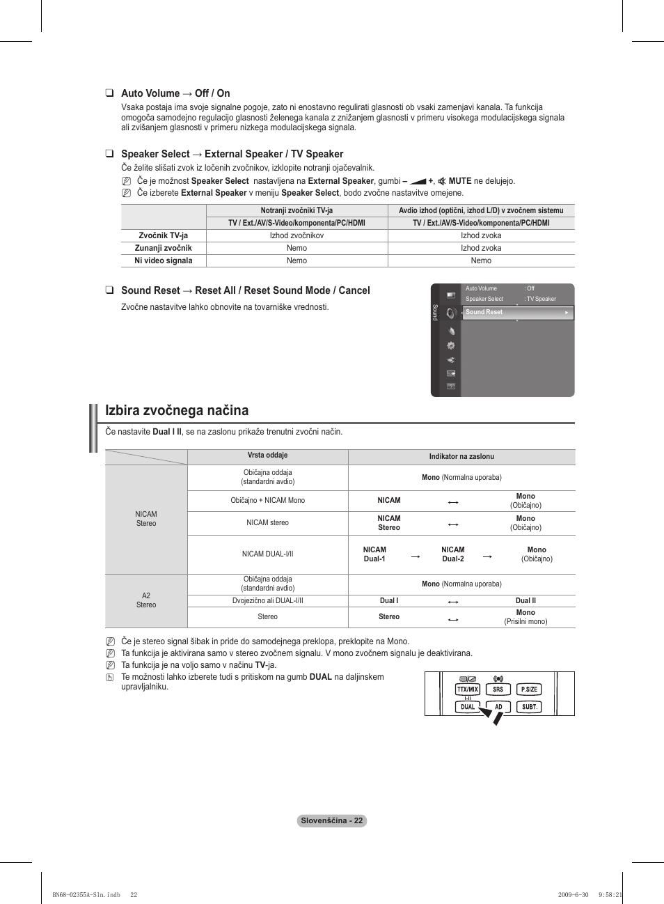 Izbira zvočnega načina, Auto volume → off / on, Speaker select → external speaker / tv speaker | Samsung PS50B530S2W User Manual | Page 268 / 319