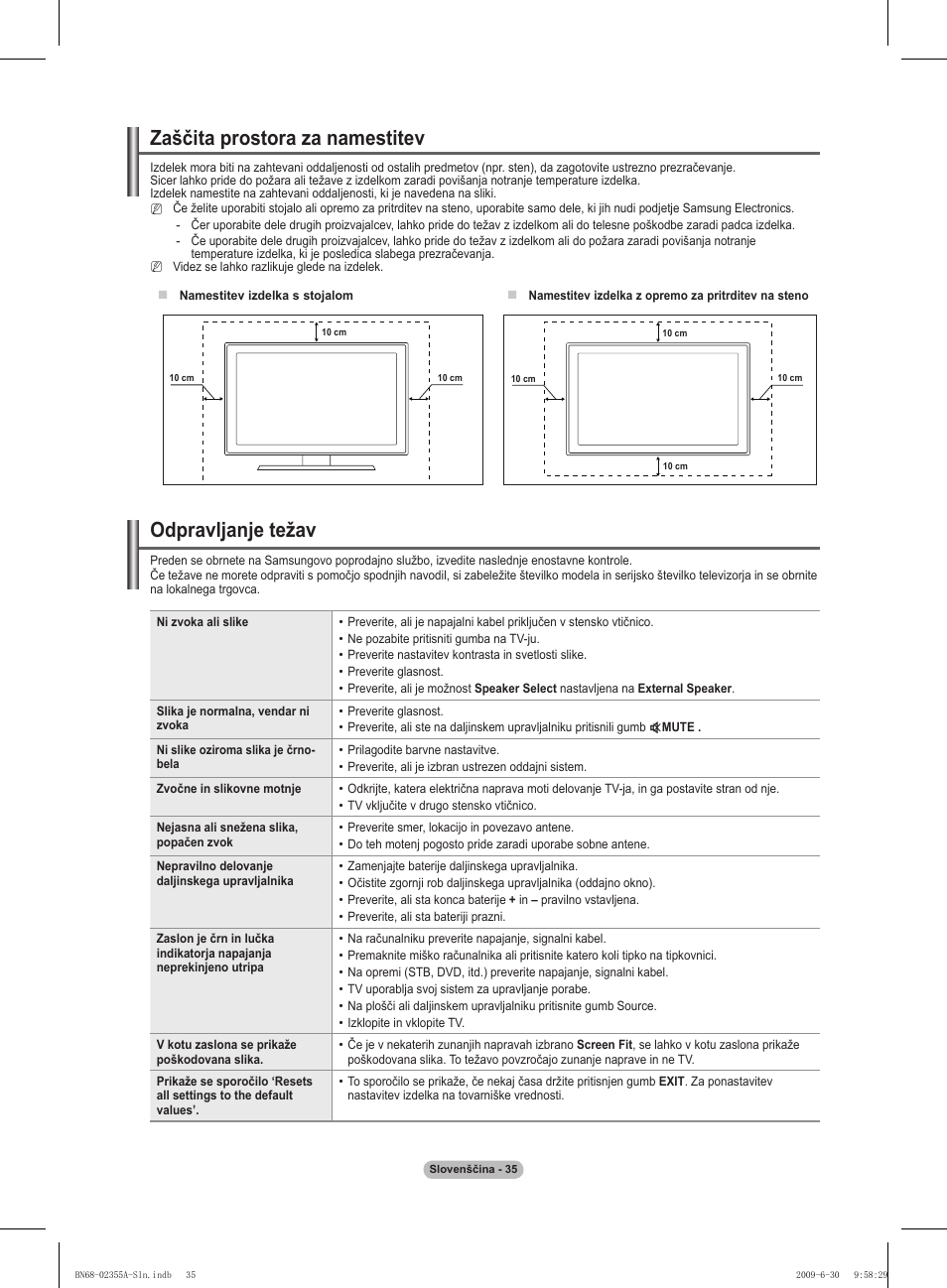 Odpravljanje težav, Zaščita prostora za namestitev | Samsung PS50B530S2W User Manual | Page 281 / 319