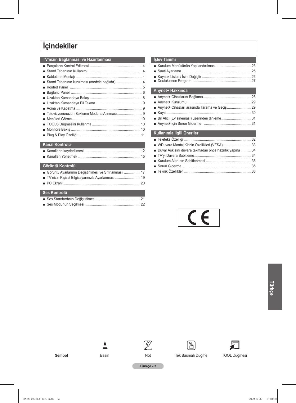 No t, Içindekiler | Samsung PS50B530S2W User Manual | Page 284 / 319