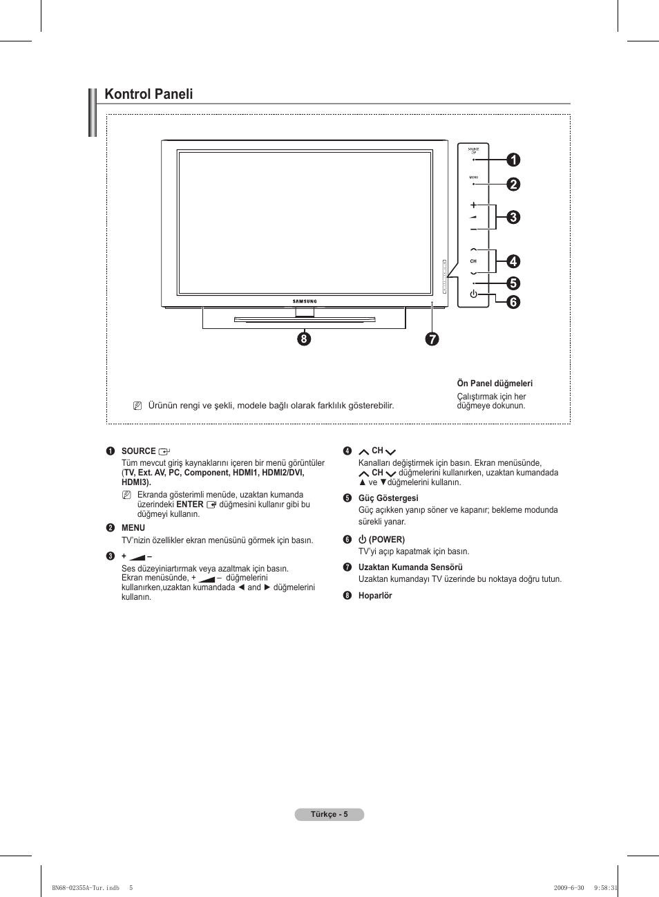 Kontrol paneli | Samsung PS50B530S2W User Manual | Page 286 / 319