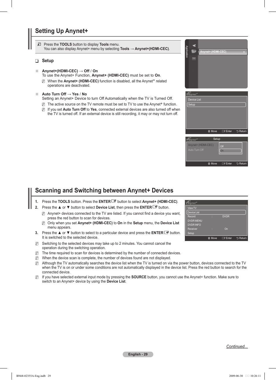 Setting up anynet, Scanning and switching between anynet+ devices, Setup | Samsung PS50B530S2W User Manual | Page 29 / 319