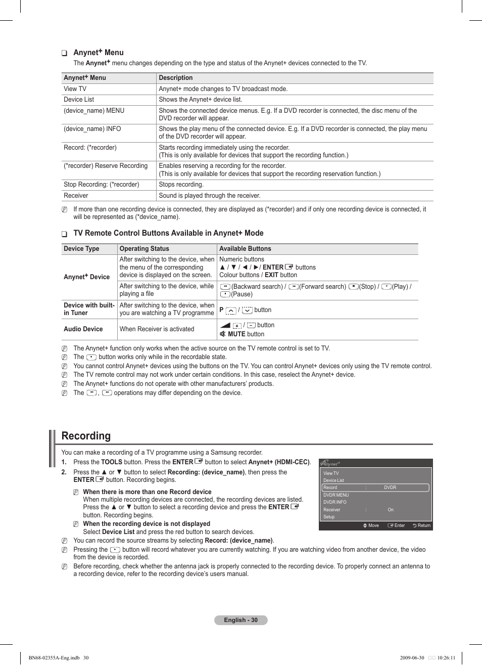 Recording | Samsung PS50B530S2W User Manual | Page 30 / 319